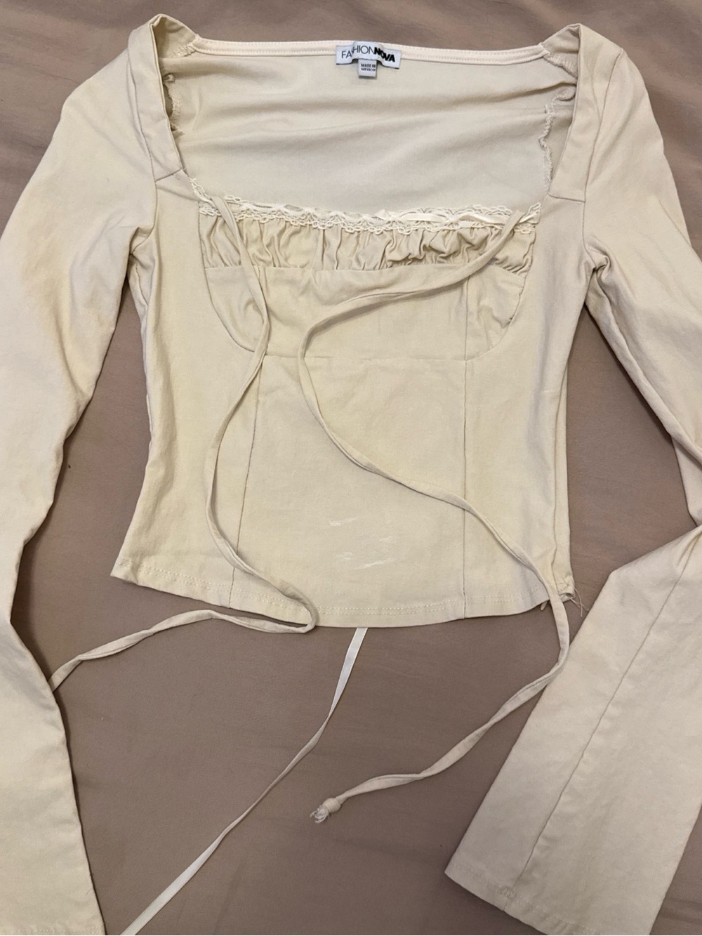 Fashion Nova Beige Square Neck Long Sleeve Tie-Front Top